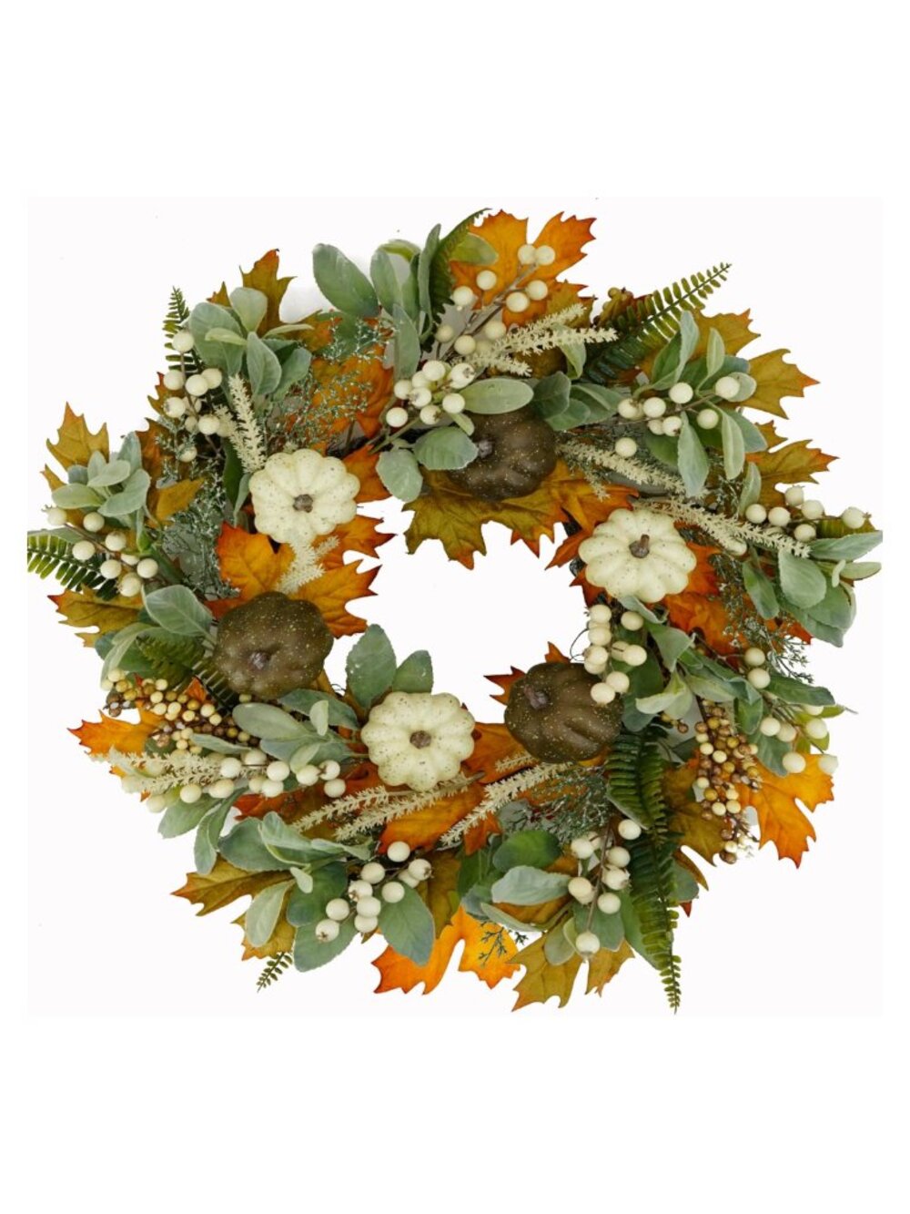 Fall Wreath with Pumpkins and Maple Leaves, 22-Inch